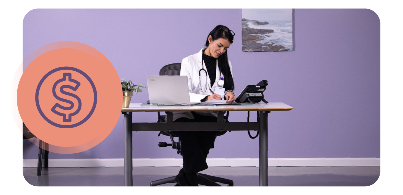 woman internal medicine physician at a desk with a money icon overlay