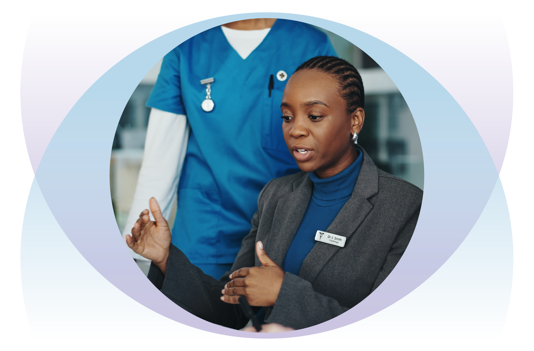 Healthcare administrator speaking with healthcare provider