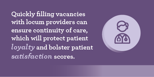 Text on purple background about filling vacancies with locum providers for patient care, loyalty, and satisfaction, with a doctor icon.