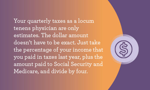 graphic explaining locum physicians that quarterly taxes are estimates; use last year’s tax rate plus Social Security/Medicare and divide by four.