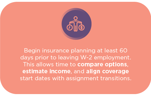 Pink background with insurance icon and text advising to plan insurance 60 days before leaving W-2 employment for smooth transition.