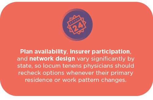 graphic discussing plan availability, insurer participation, and network design for locum tenens physicians.