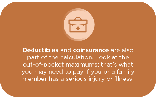 Brown graphic with a briefcase icon, highlighting the importance of deductibles and coinsurance in health insurance costs.
