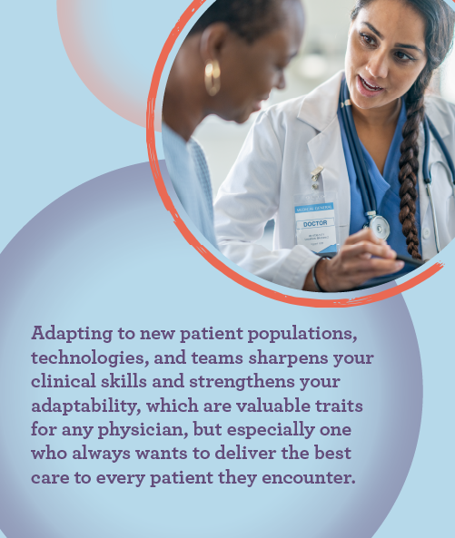 graphic with a picture of doctor with a patient and text with reasons why locum tenens can benefit doctors