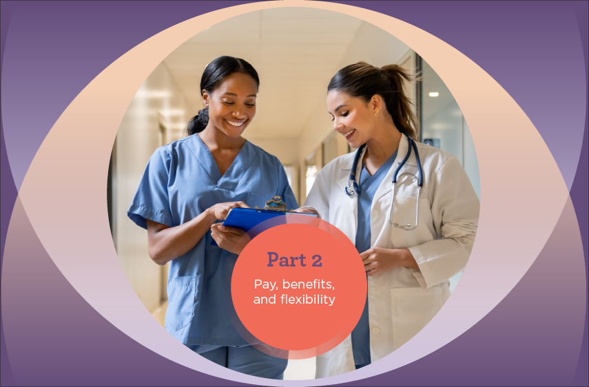 nurse practitioner and colleague with graphic saying part 2: pay, benefits, and flexibility