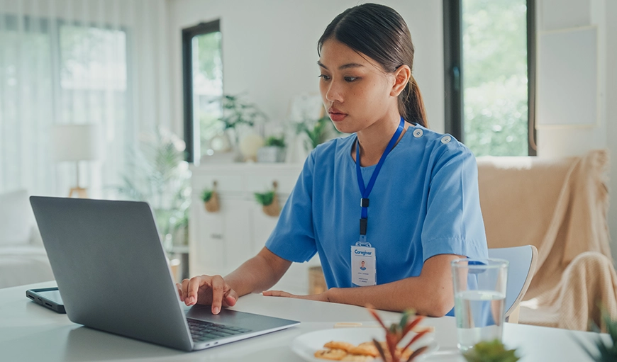 Nurse practitioner at computer negotiating locums contract