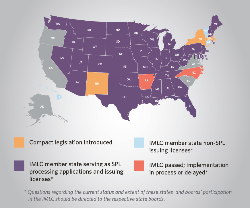 map of the US with status of states in the Interstate Medical Licensure Compact