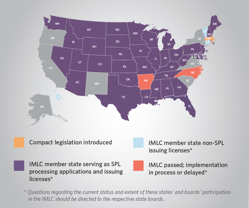 Map of the US highlighting the status of all states' IMLC status