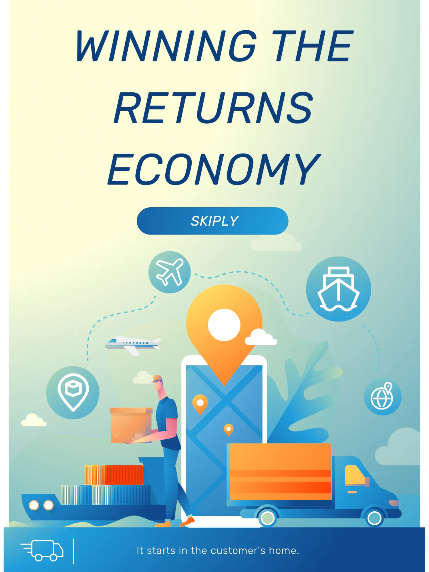 Cover image for the document titled ‘Winning the Returns Economy,’ created by Skiply and featuring bold text on a modern, abstract background with brand colors and design elements.