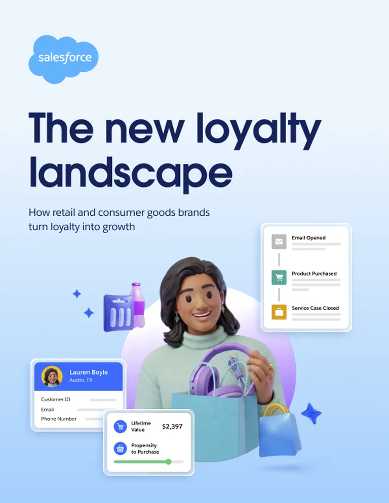 Cover of the Salesforce white paper titled: The new loyalty landscape. How retail and consumer goods brands turn loyalty into growth. The cover has an image of a woman pulling headphones from a shopping bag.