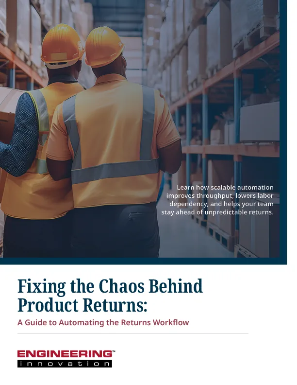 Cover to a white paper titled Fixing the Chaos Behind Product Returns: A Guide to Automating the Returns Workflow. An image on the cover depicts two warehouse workers wearing orange safety vests and hard hats stand in an aisle lined with shelves of boxed inventory. They are looking ahead toward the storage racks.