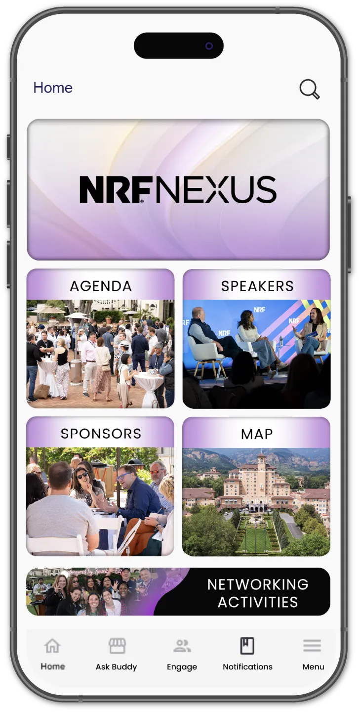 A simulated image of the NRF Nexus app's homescreen. It includes the NRF Nexus logo and large buttons for Agenda, Speakers, Sponsors, Map, and Networking Activities.