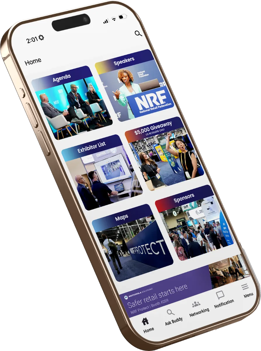 A photo of an iPhone showcasing the NRF PROTECT app. The screen has squares with text and images that direct to different parts of the app such as Agenda, Speakers, Exhibitor List, Maps, and Sponsors.
