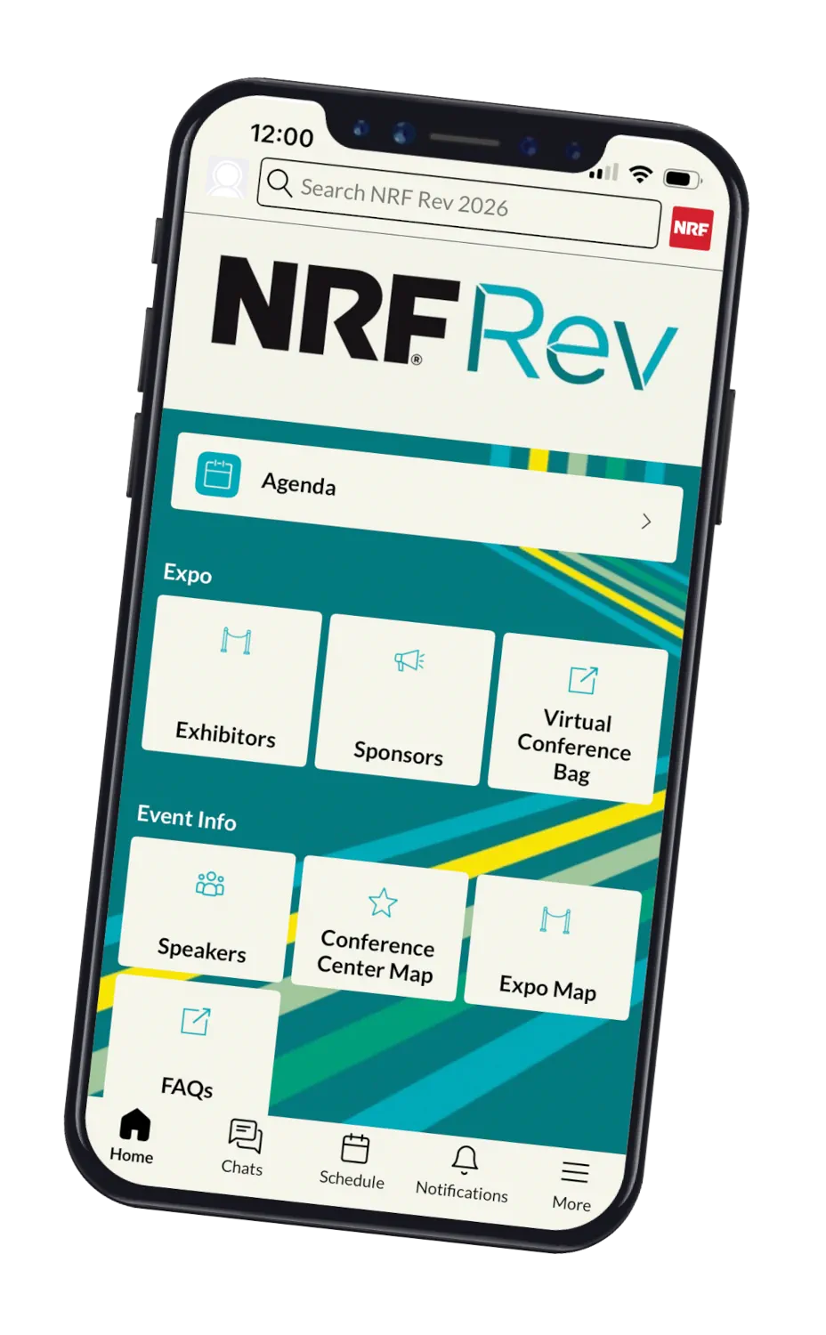 A simulation of a modern mobile device, with the NRF Rev Mobile App on the screen. The screen depicts various gateways into NRF Rev's content, such as the agenda, exhibitors, sponsors, and more. At the bottom, there are icons for Home, Chats, Schedule, Notifications, and More.