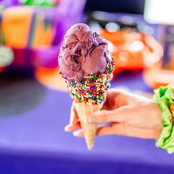 An image of a hand holding a purple ice cream cone topped with colorful sprinkles at welo’s pop-up event at Johnson’s Ice Cream.