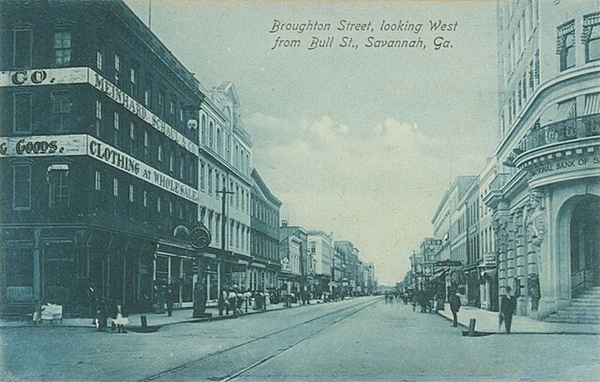 Municipal Grand Hotel, Savannah, GA. Black and white postcard showing the original national bank of Savannah on the right