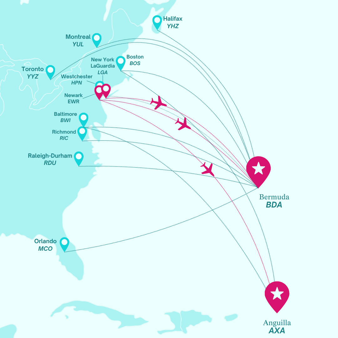 BermudAir network map showing routes from Bermuda (BDA) to North American destinations and seasonal service to Anguilla (AXA).