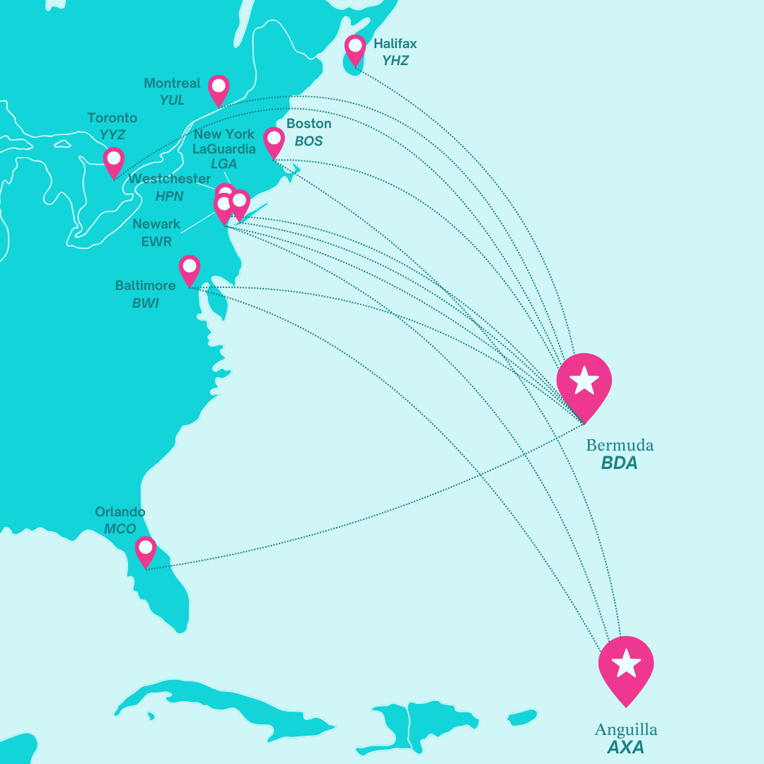 BermudAir network map showing routes from Bermuda (BDA) to North American destinations and seasonal service to Anguilla (AXA).