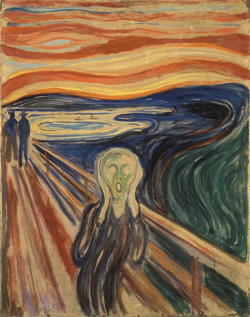 Pintura expressionista de Edvard Munch, 'O Grito', retratando uma figura angustiada com um céu vibrante e tumultuado, simbolizando desespero e ansiedade.
