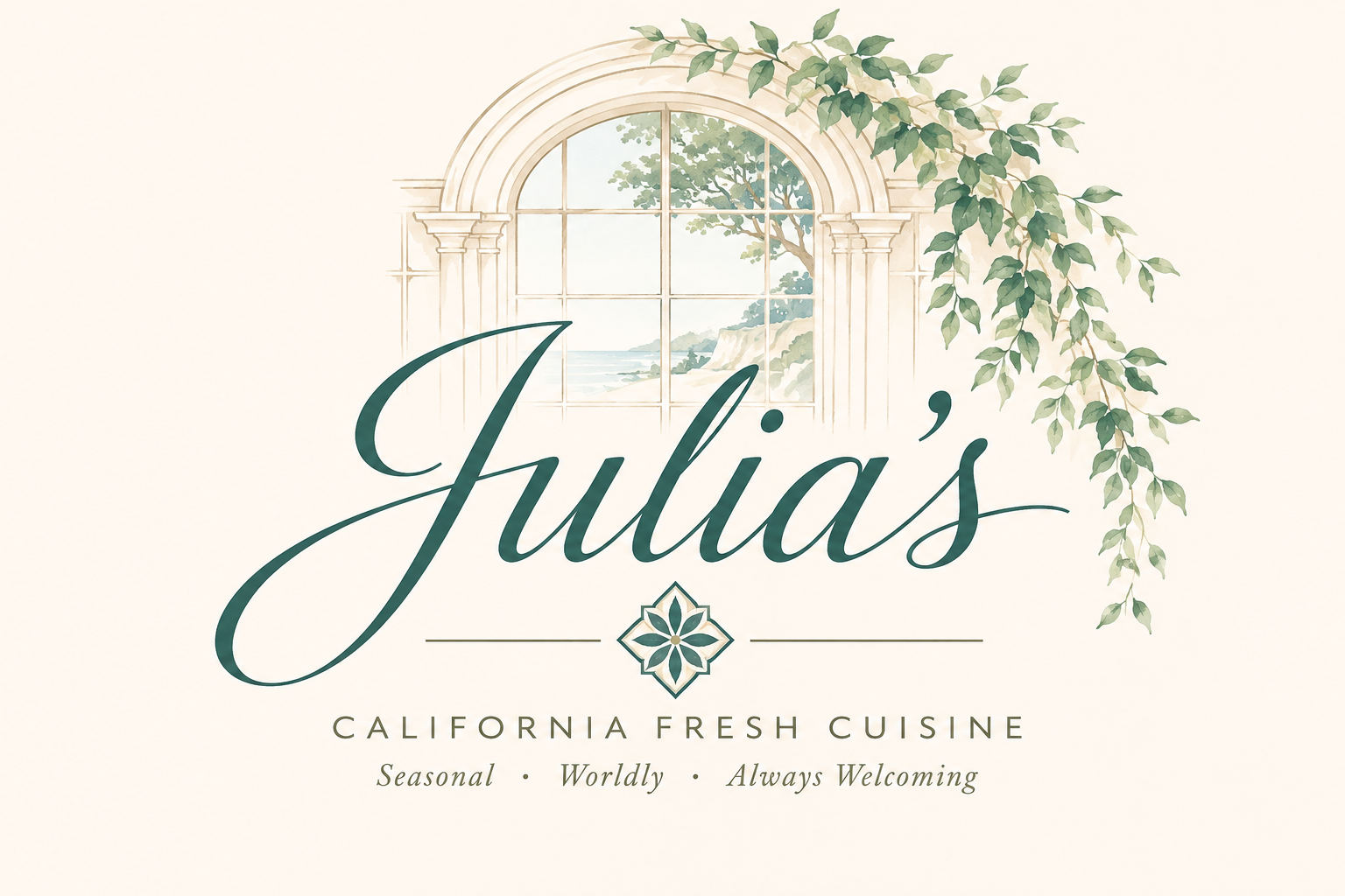 Elegant logo for Julia's California Fresh Cuisine, featuring an arch window with a coastal scene and leafy vines. Slogan:
