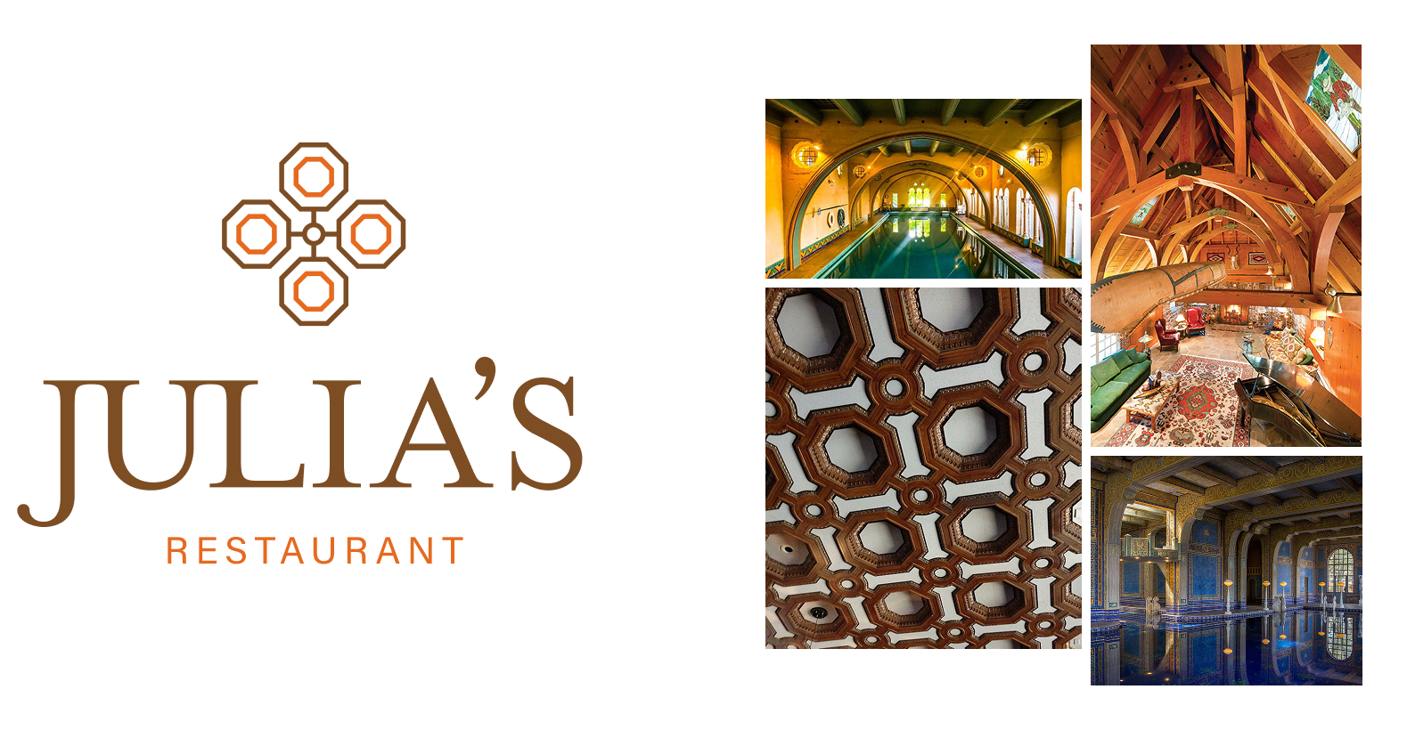 Logo for Julia's Restaurant with a decorative emblem. Beside it are photos of an ornate interior, featuring a pool and detailed architecture.
