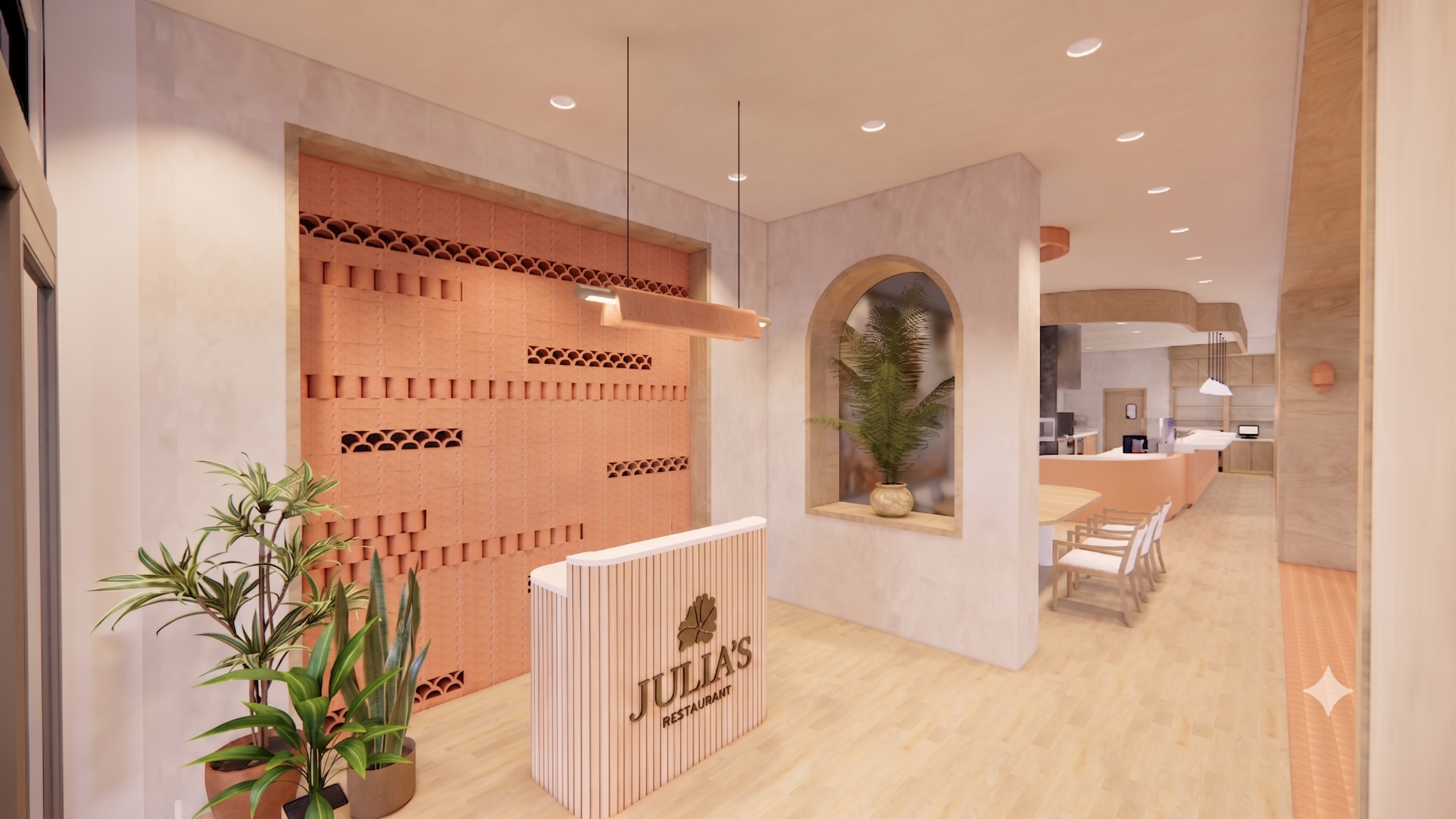 Modern restaurant interior with a wooden reception desk labeled