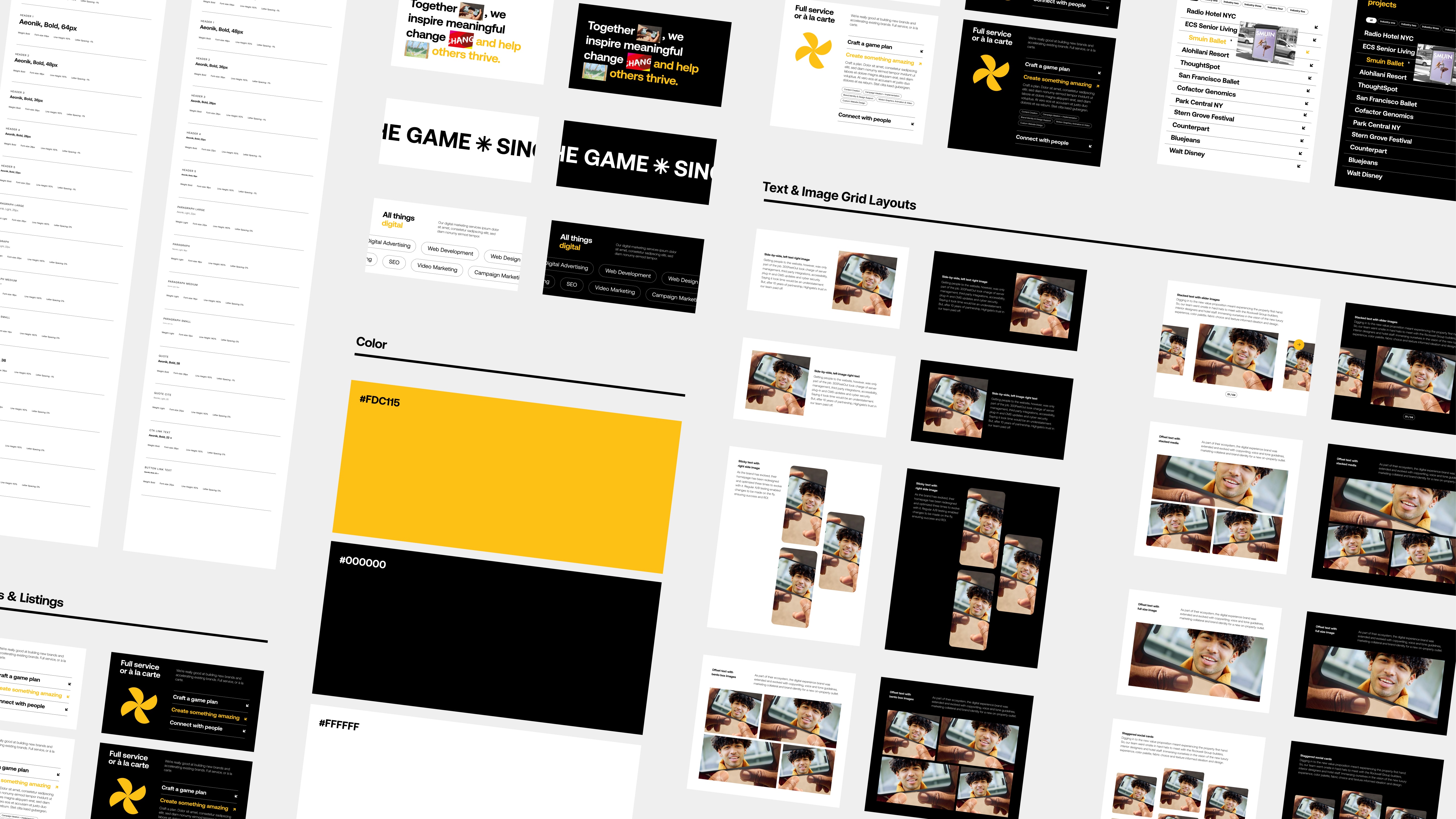 Isometric view of sample design system including typography, components and color for a website