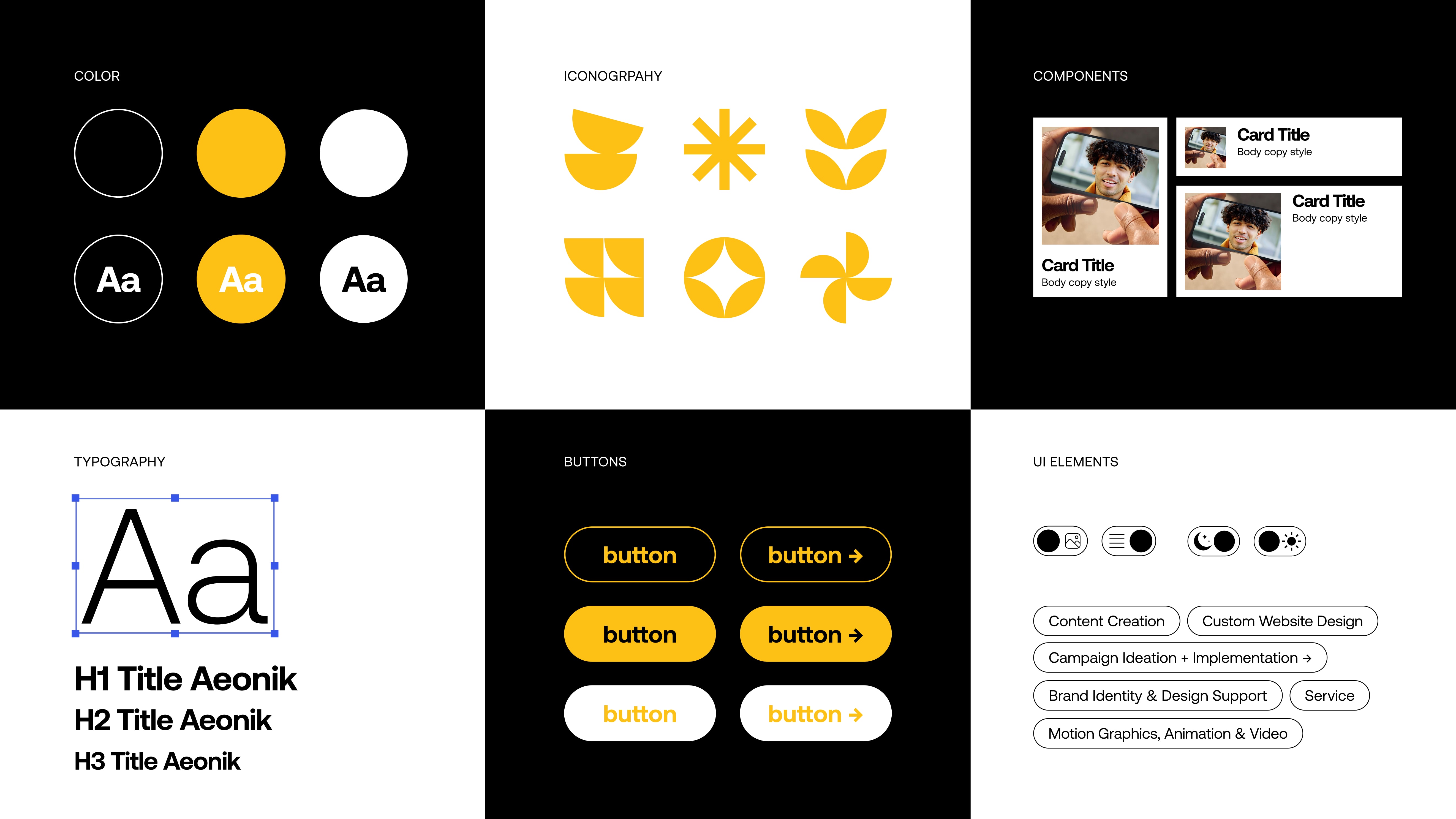 Design system grid showing color, icons, components, typography and UI elements.