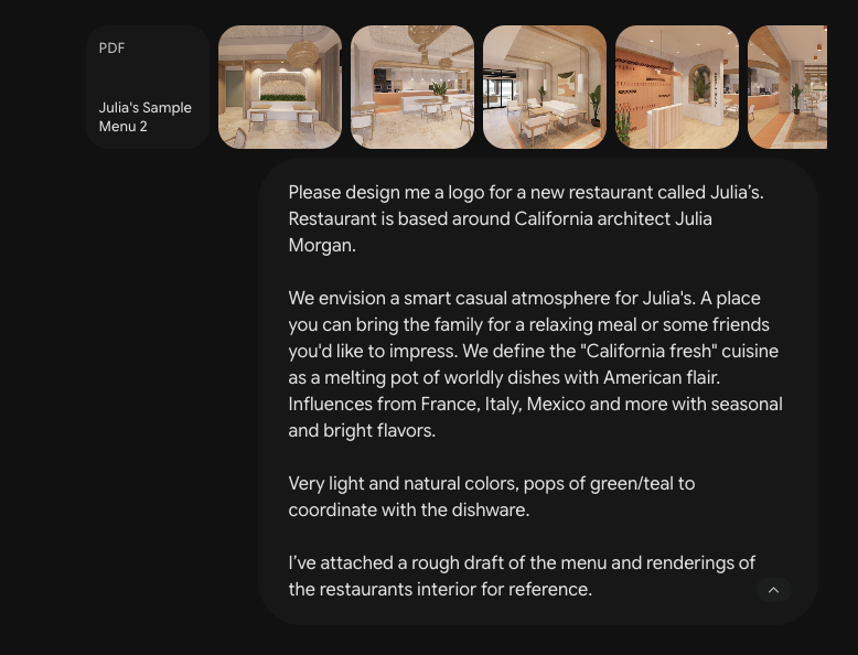 A design concept for Julia's restaurant, inspired by California architect Julia Morgan, with a modern, casual interior featuring light colors and greenery.