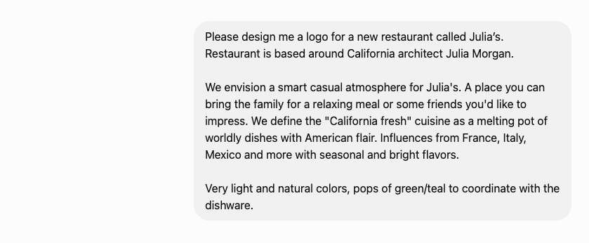 Text describing a design brief for a restaurant logo inspired by Julia Morgan, emphasizing smart casual dining with California fresh cuisine and natural colors.