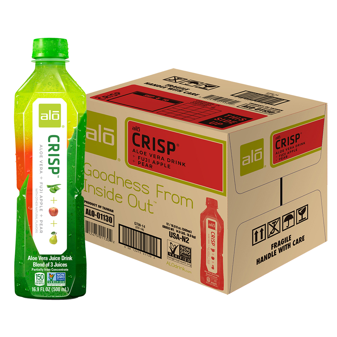 ALO® Crisp Aloe Vera Infused Beverage – Fuji Apple & Pear Flavor - 16.9 oz Bottles (12- Pack)