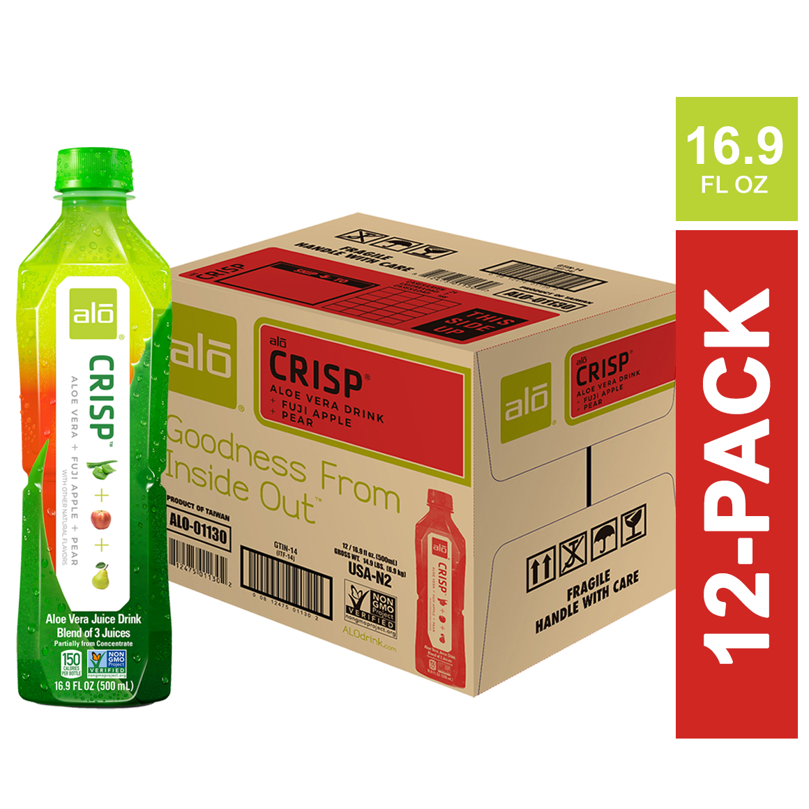 ALO® Crisp Aloe Vera Infused Beverage – Fuji Apple & Pear Flavor - 16.9 oz Bottles (12- Pack)
