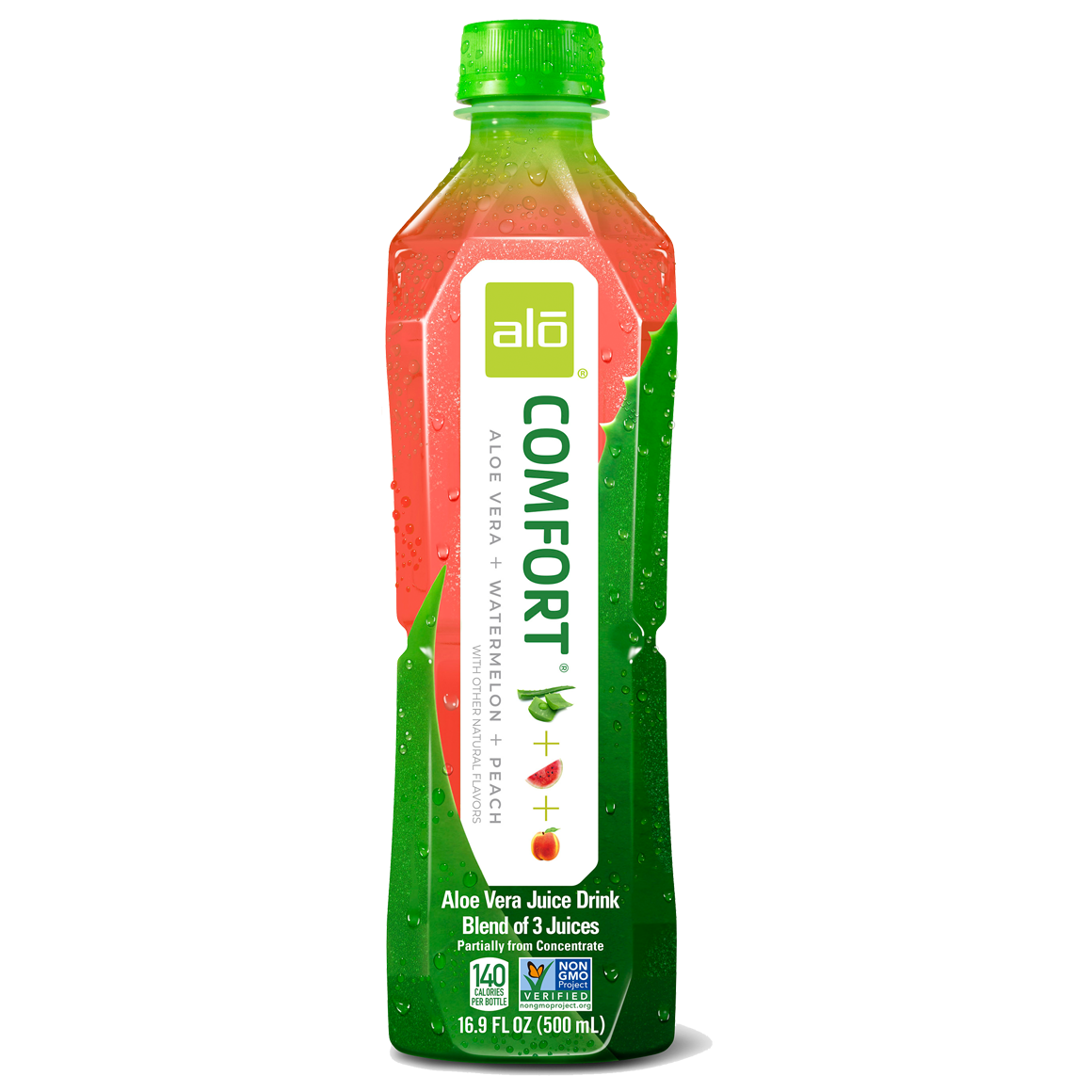 ALO® Comfort Aloe Vera Infused Beverage – Watermelon & Peach Flavor - 16.9 oz Bottles (12-Pack)