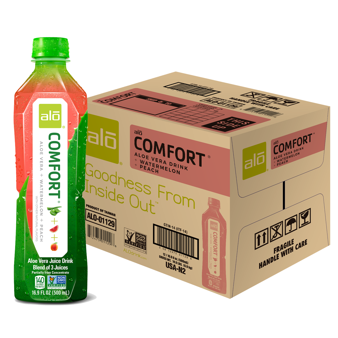 ALO® Comfort Aloe Vera Infused Beverage – Watermelon & Peach Flavor - 16.9 oz Bottles (12-Pack)