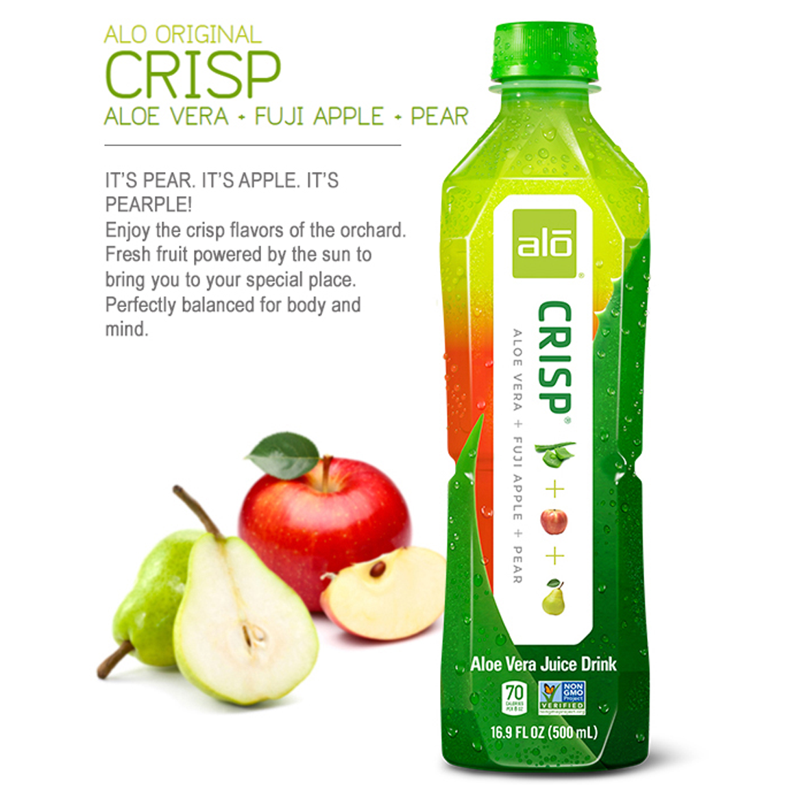 ALO® Crisp Aloe Vera Infused Beverage – Fuji Apple & Pear Flavor - 16.9 oz Bottles (12- Pack)