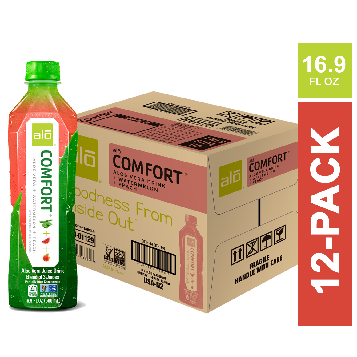 ALO® Comfort Aloe Vera Infused Beverage – Watermelon & Peach Flavor - 16.9 oz Bottles (12-Pack)