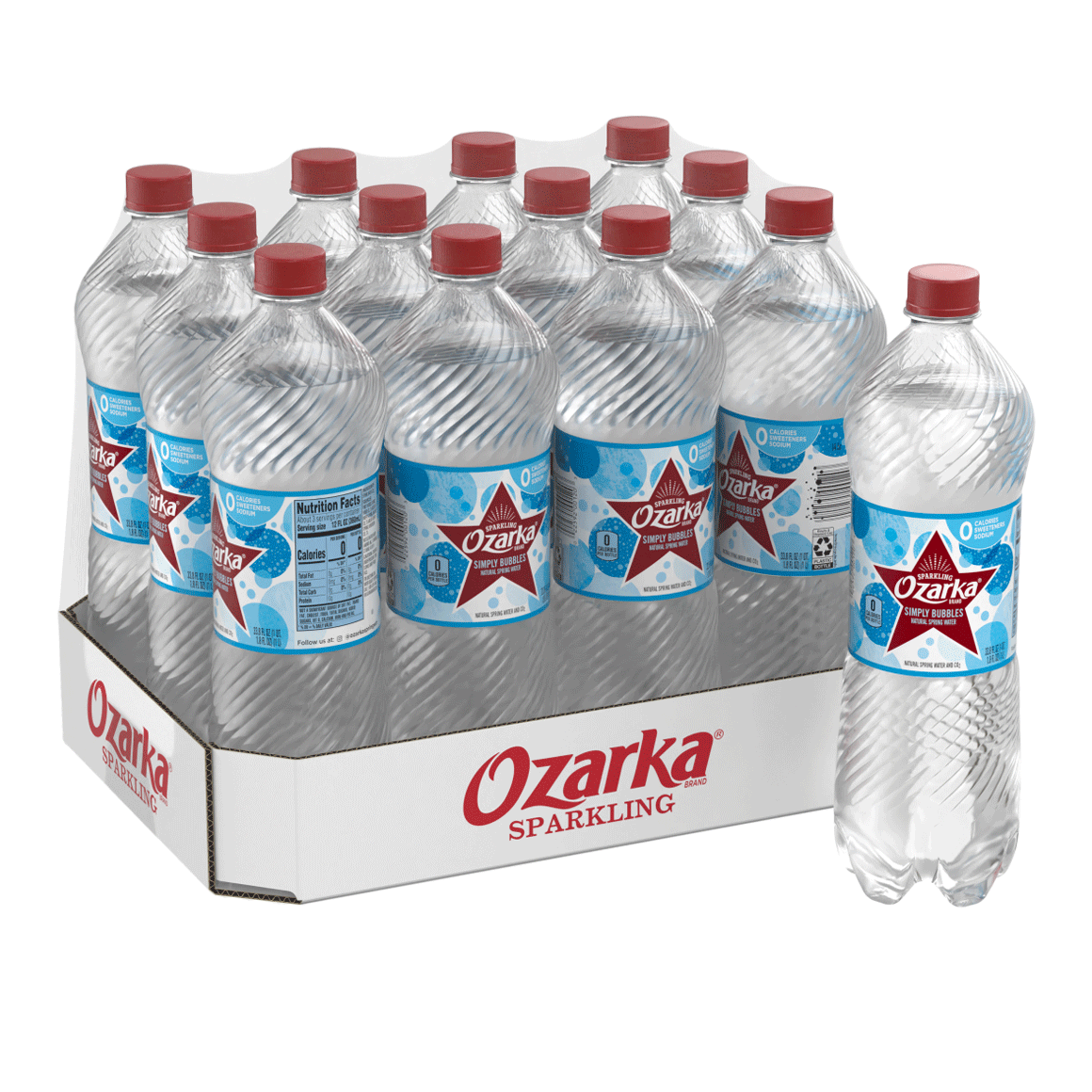 Ozarka® Sparkling Spring Water, Simply Bubbles, 1 Liter Bottles (Pack of 12)
