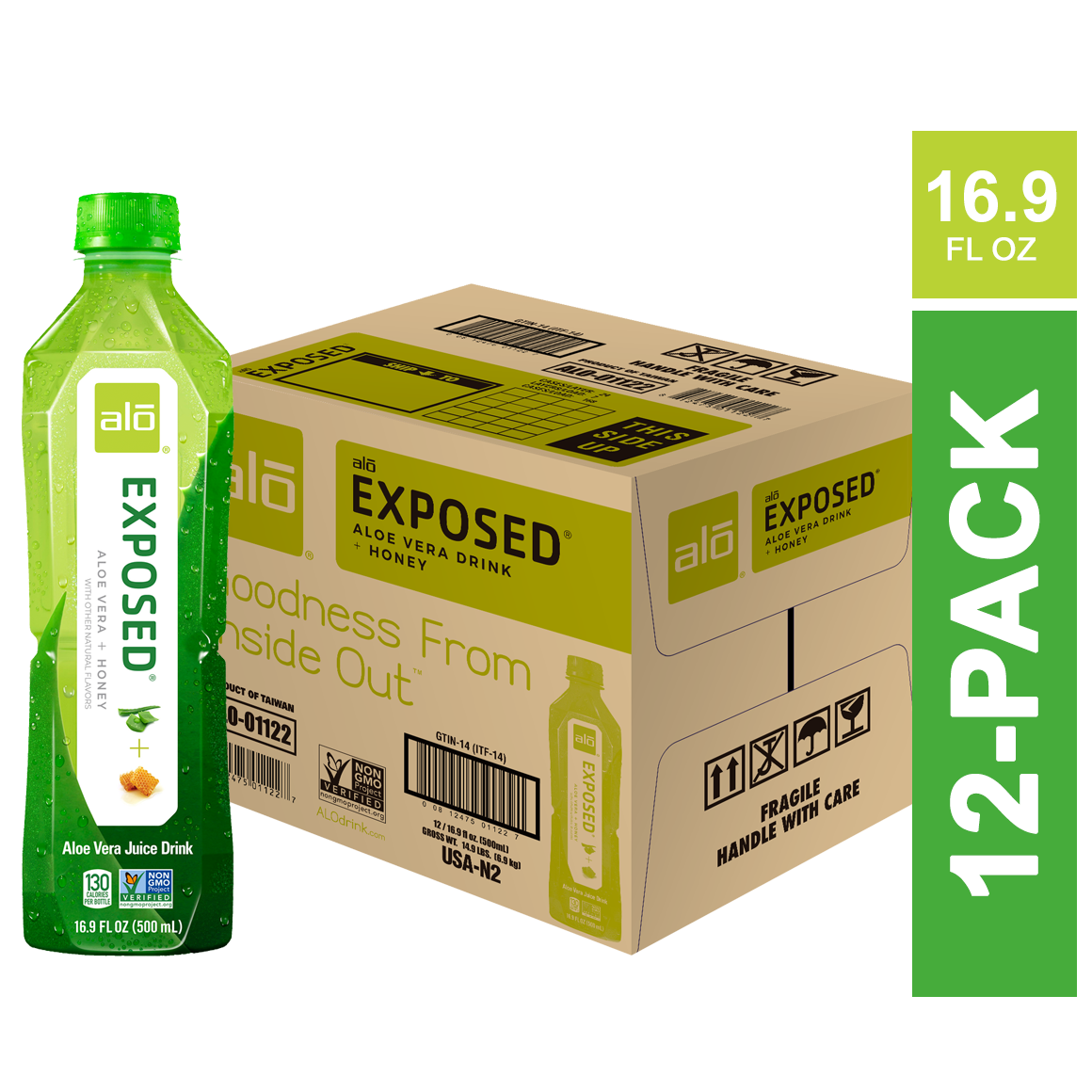 ALO® Exposed Aloe Vera Infused Beverage – Original Flavor with Honey - 16.9 oz Bottles (12-Pack)
