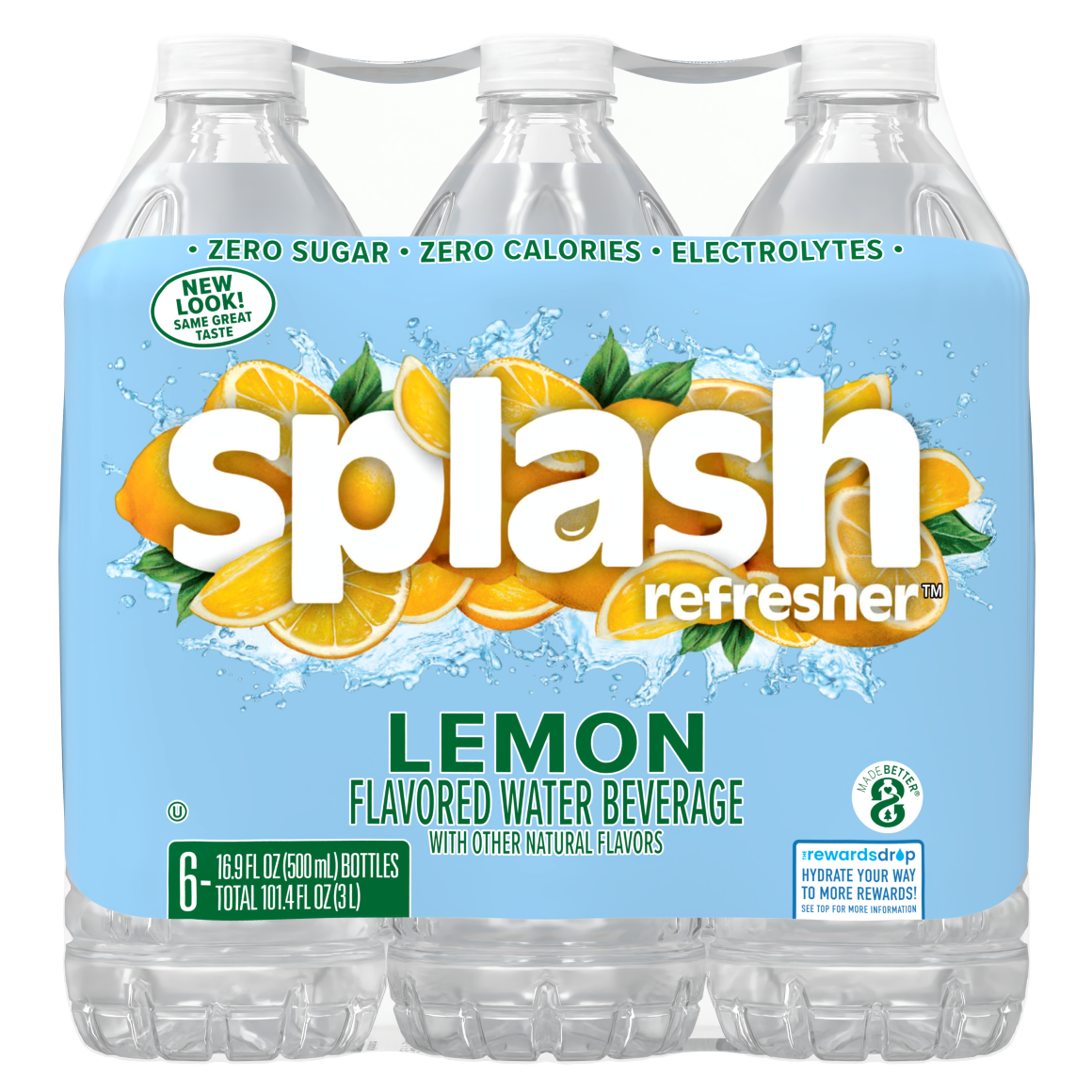 Splash Refresher™, Flavored Water Beverage, Lemon Flavor, 16.9 FL OZ Plastic Bottles (24 Count)