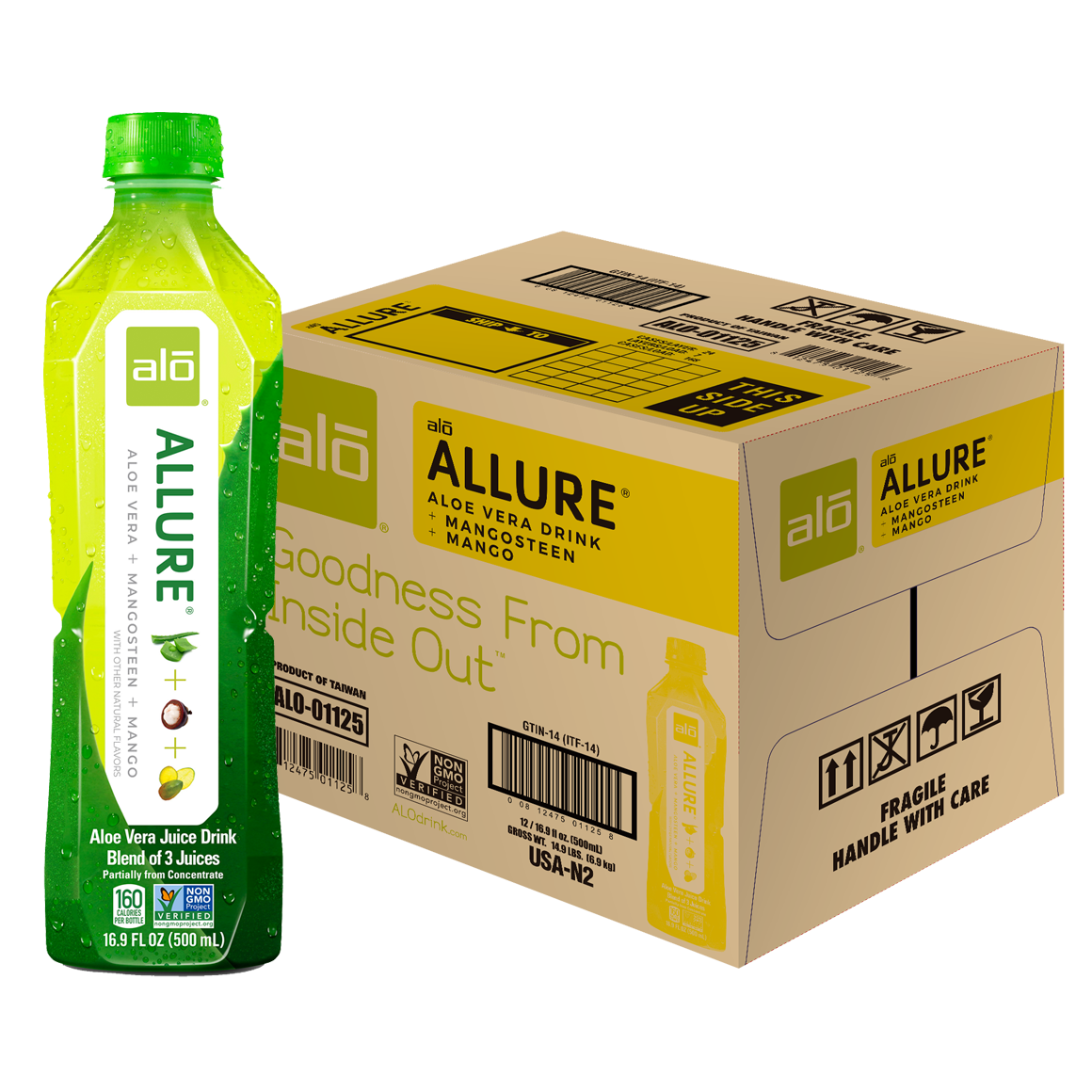 ALO® Allure Aloe Vera Infused Beverage – Mango & Mangosteen Flavor - 16.9 oz Bottles (12-Pack)