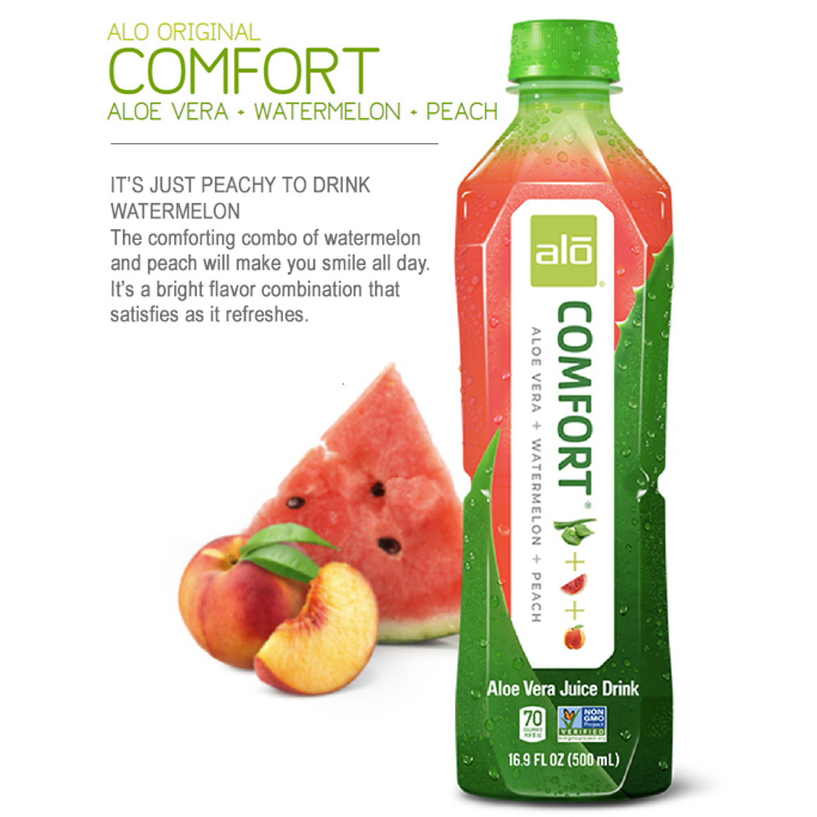 ALO® Comfort Aloe Vera Infused Beverage – Watermelon & Peach Flavor - 16.9 oz Bottles (12-Pack)