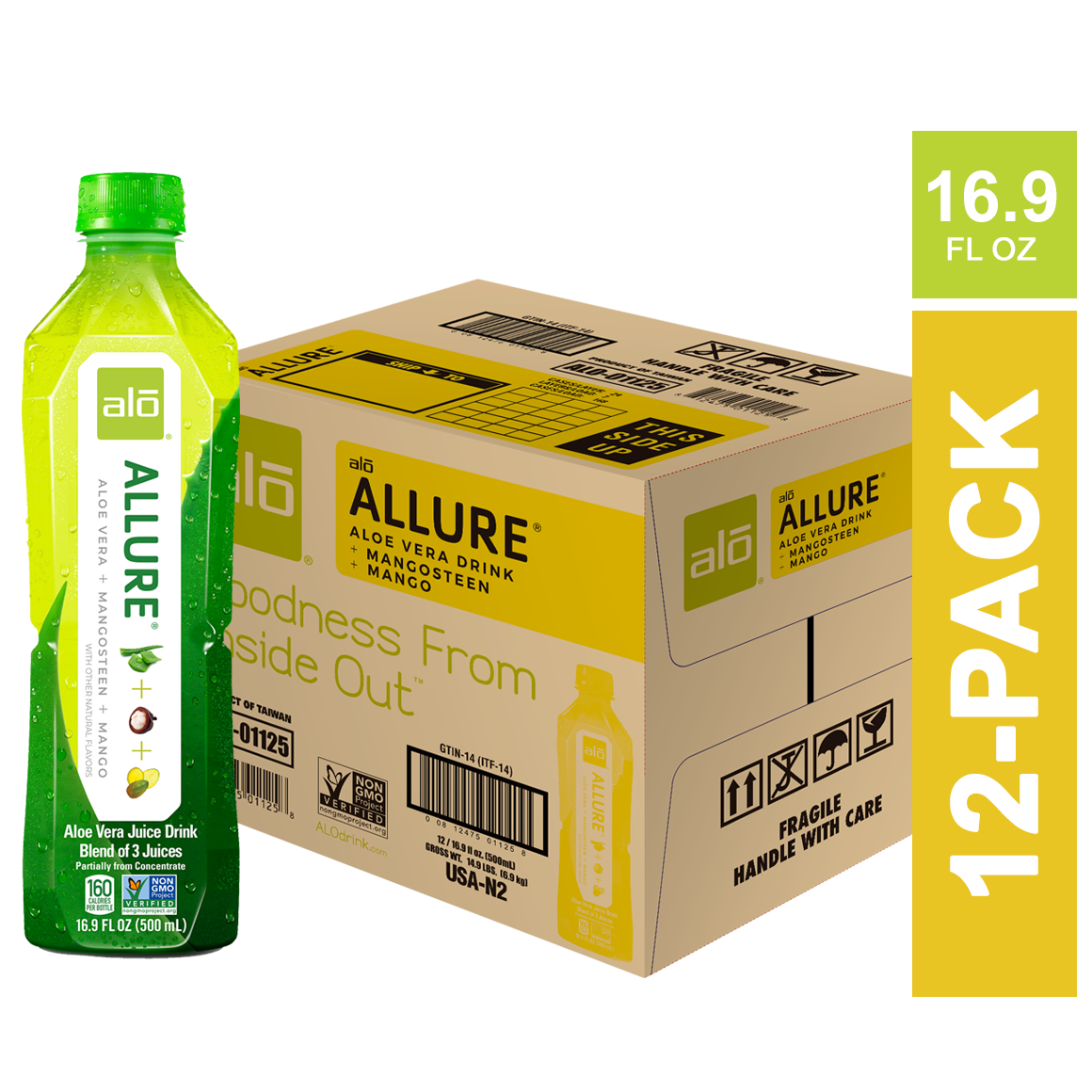 ALO® Allure Aloe Vera Infused Beverage – Mango & Mangosteen Flavor - 16.9 oz Bottles (12-Pack)