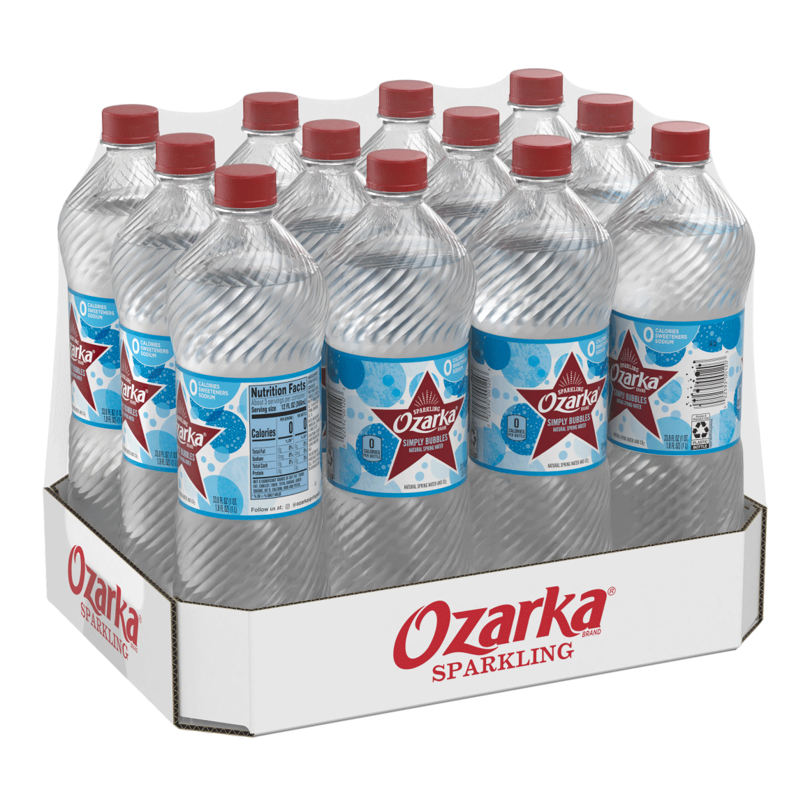 Ozarka® Sparkling Spring Water, Simply Bubbles, 1 Liter Bottles (Pack of 12)