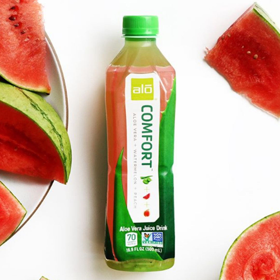 ALO® Comfort Aloe Vera Infused Beverage – Watermelon & Peach Flavor - 16.9 oz Bottles (12-Pack)