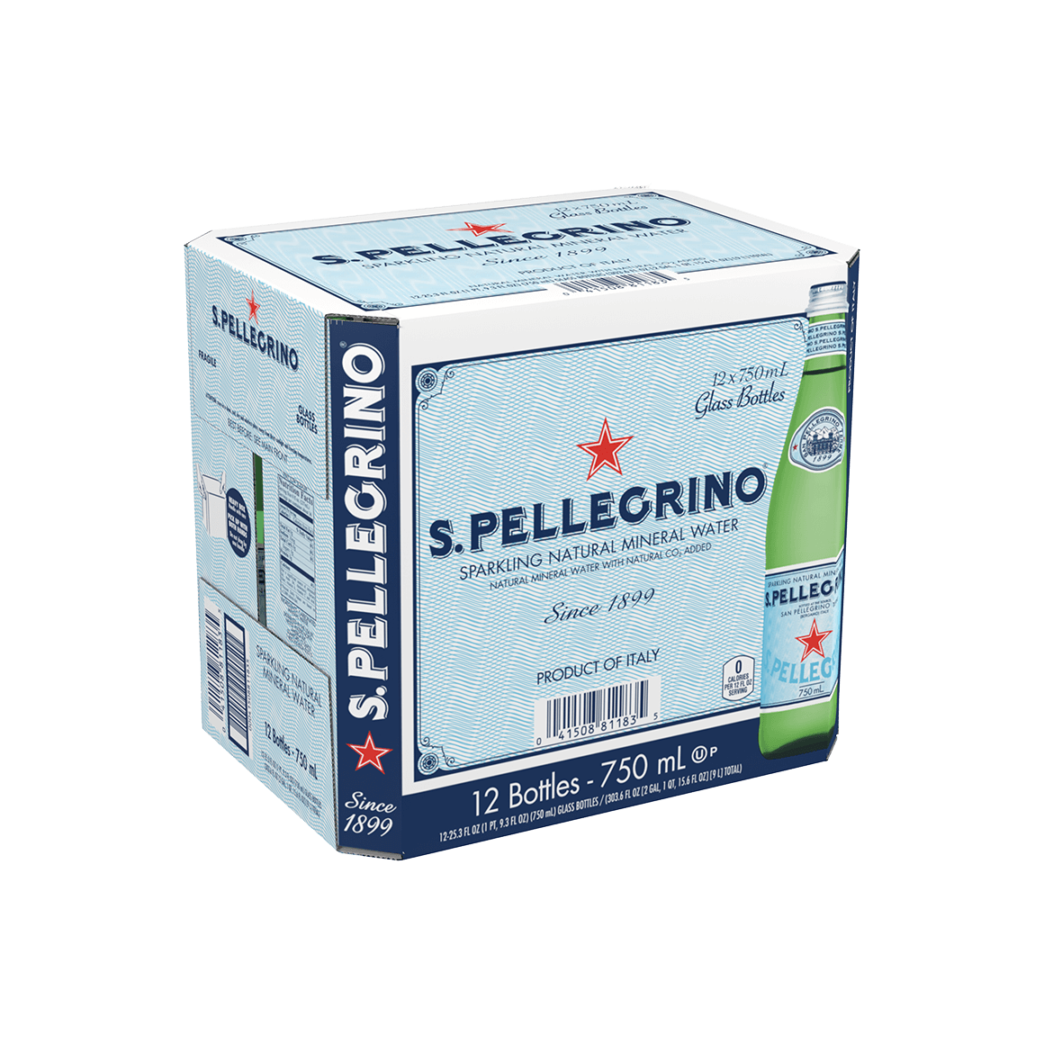S.Pellegrino® Sparkling Natural Mineral Water - Glass - 750 ml (25.3 oz.) - Bottle - Case of 12