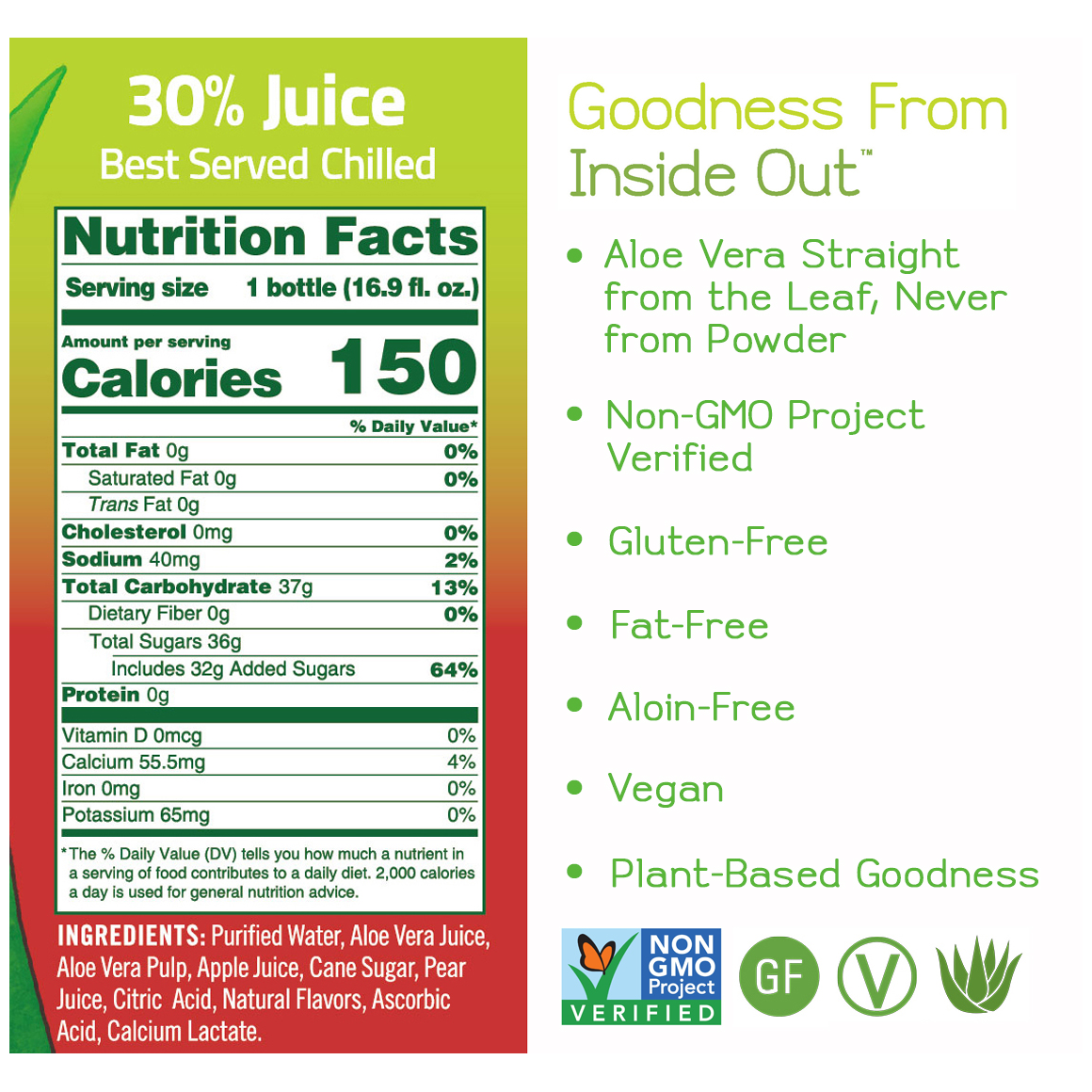 ALO® Crisp Aloe Vera Infused Beverage – Fuji Apple & Pear Flavor - 16.9 oz Bottles (12- Pack)