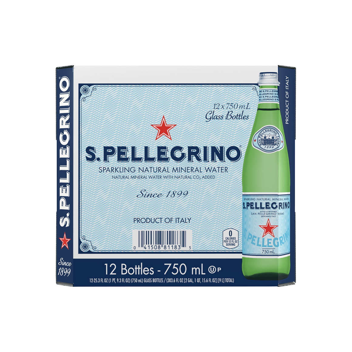 S.Pellegrino® Sparkling Natural Mineral Water - Glass - 750 ml (25.3 oz.) - Bottle - Case of 12