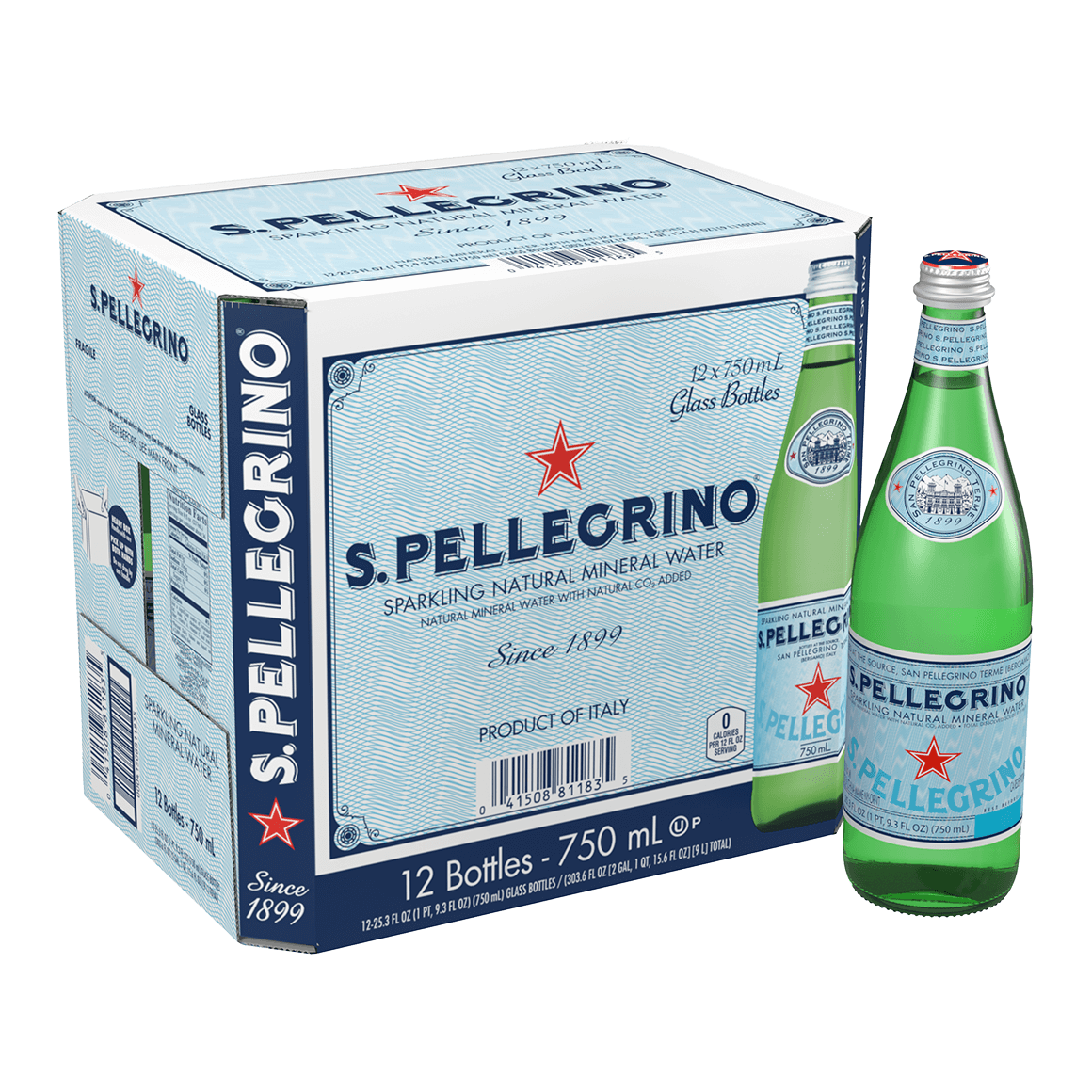 S.Pellegrino® Sparkling Natural Mineral Water - Glass - 750 ml (25.3 oz.) - Bottle - Case of 12