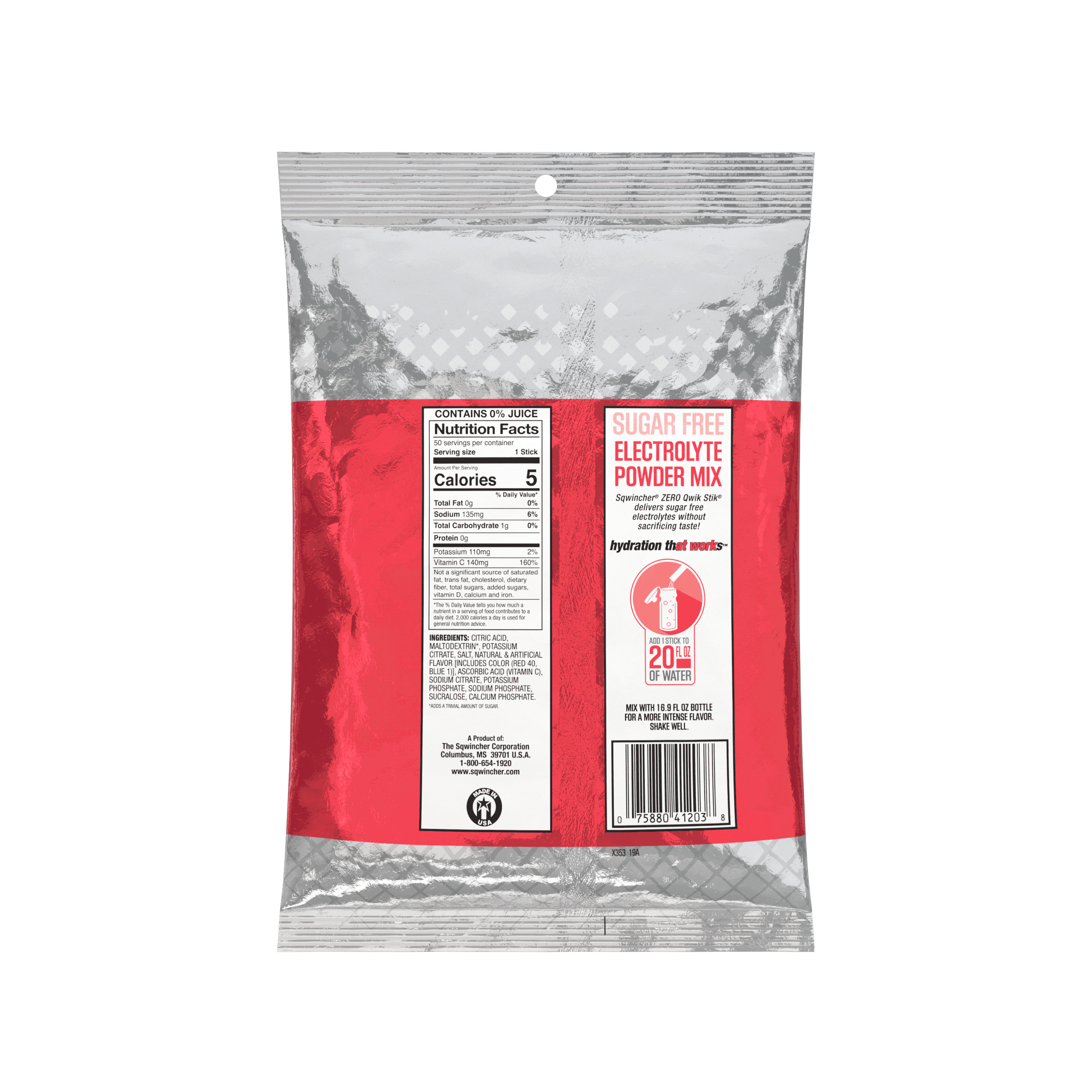 Sqwincher® Qwik Stik®, Fruit Punch, ZERO Sugar Free, 20oz Yield Powder Mixes, Pack of 50