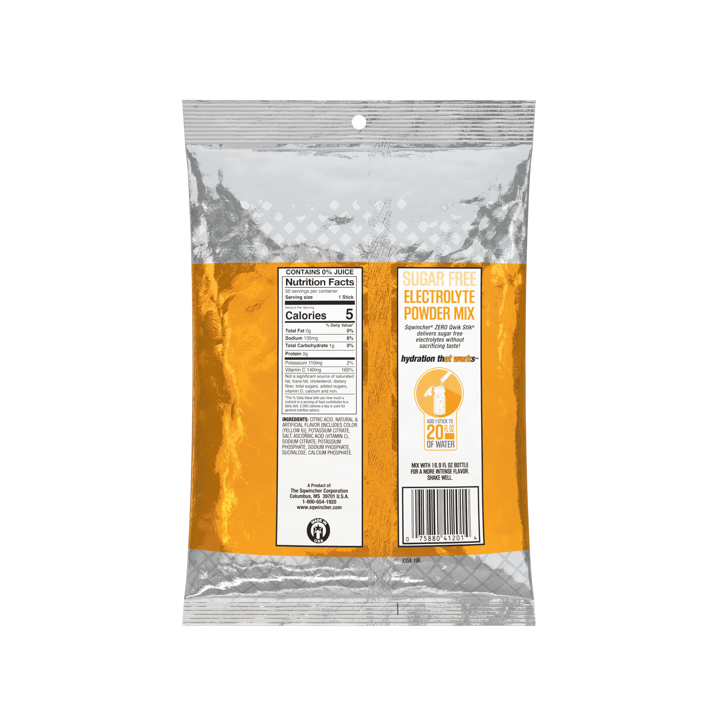 Sqwincher® Qwik Stik®, Orange, ZERO Sugar Free, 20oz Yield Powder Mixes, Pack of 50